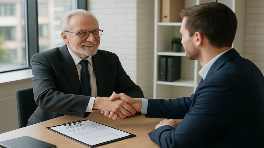 Älterer Unternehmer übergibt Verantwortung an jüngeren Nachfolger.