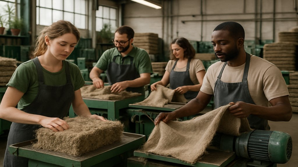 Arbeiter in einer Fabrik verarbeiten nachhaltige Materialien unter fairen Bedingungen.