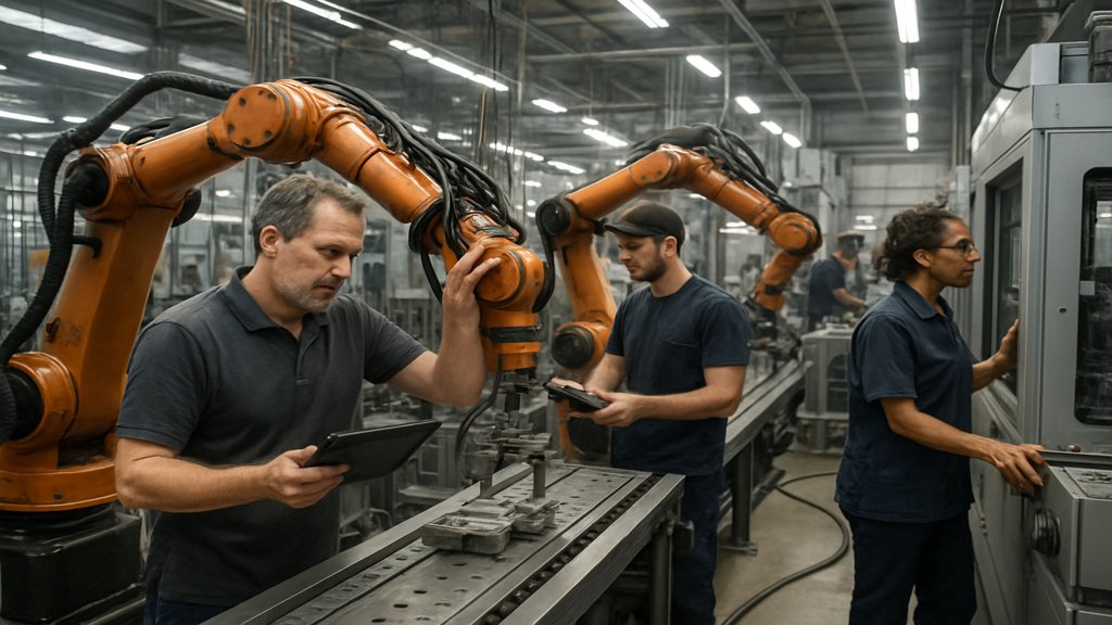 Automatisierte Maschinen und Roboterarme in einem Produktionsbetrieb.