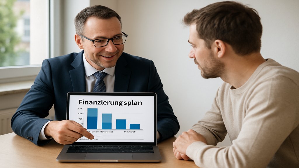 Berater erklärt einem Kunden die Struktur eines Finanzierungsplans.