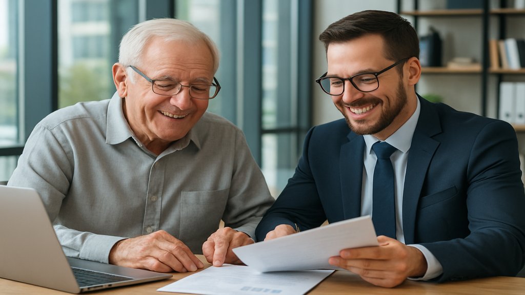 Ein älterer Mitarbeiter bespricht seine Altersvorsorge mit einem Finanzberater in einem modernen Büro.