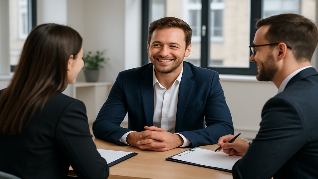 Ein Bewerber im Gespräch mit zwei Recruitern in einem modernen Büro.
