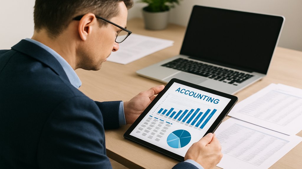 Ein Buchhalter, der mit einem Tablet arbeitet, auf dem Buchhaltungsdaten angezeigt werden.