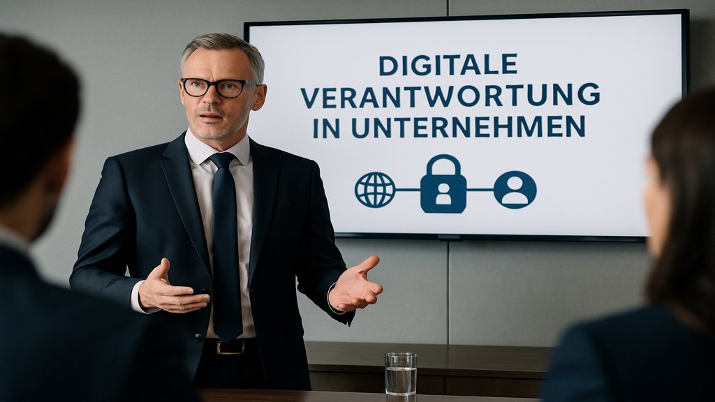 Ein CEO präsentiert digitale Verantwortung in einem Konferenzraum.