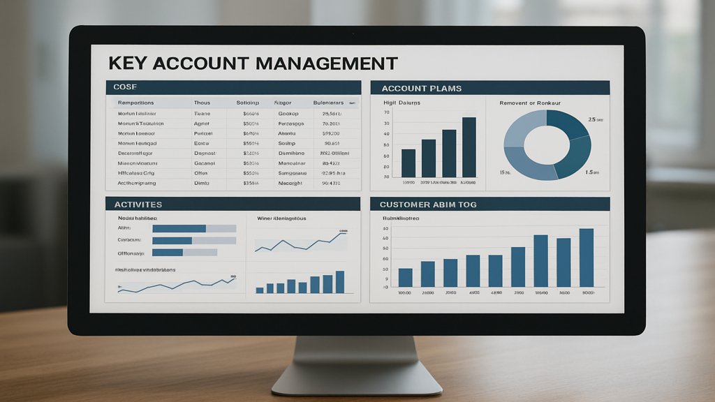 Ein Dashboard mit Key Account Management-Tools und Kundenanalysen auf einem Computerbildschirm.