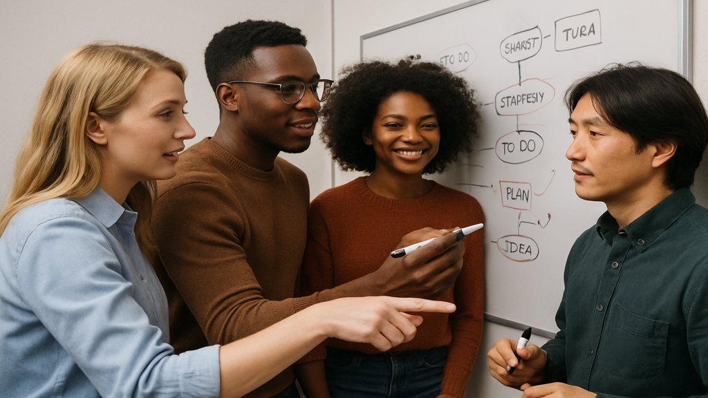 Ein diverses Team arbeitet gemeinsam an einem Whiteboard, um Ideen zu entwickeln.