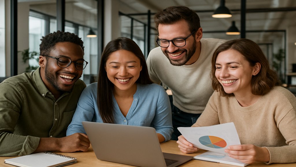 Ein diverses Team arbeitet glücklich und produktiv zusammen.