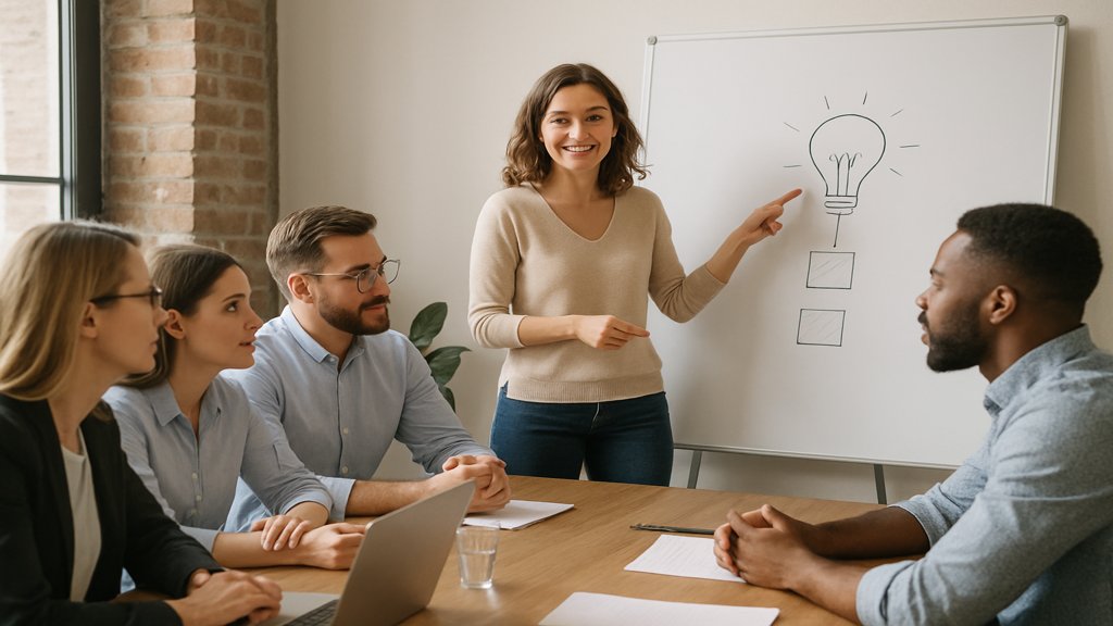 Ein diverses Team bei einem Meeting im Büro, eine Frau präsentiert eine Idee.