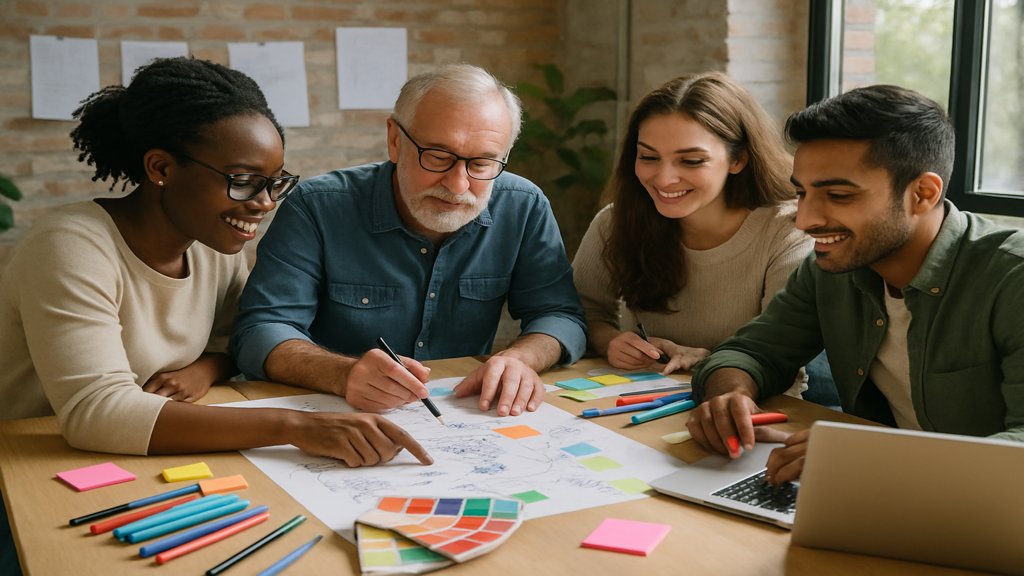 Ein diverses Team, das an einem kreativen Projekt arbeitet.