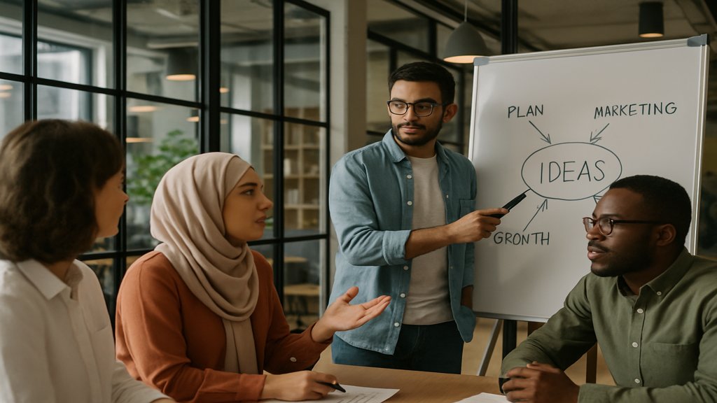 Ein diverses Team in einem Meeting, das Ideen austauscht.