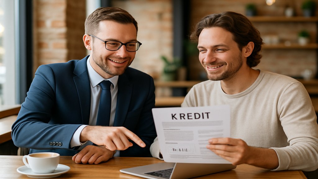 Ein Finanzberater erklärt einem Selbstständigen Kreditoptionen in einem Café.