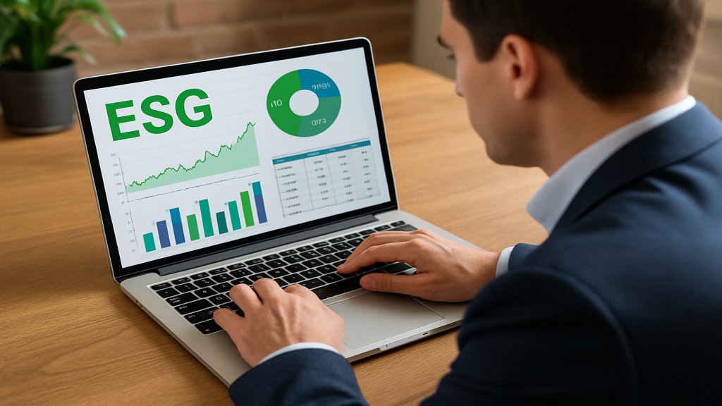 Ein Geschäftsanalyst überprüft ESG-Daten auf einem Laptop mit Diagrammen und Tabellen.