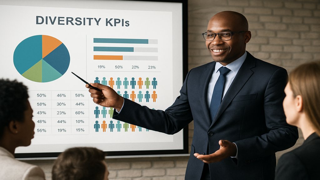 Ein Geschäftsführer präsentiert Diversitäts-KPIs einem Team.