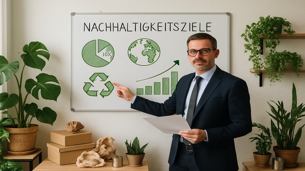 Ein Geschäftsleiter erklärt Nachhaltigkeitsziele vor einem Whiteboard mit grünen Pflanzen im Raum.