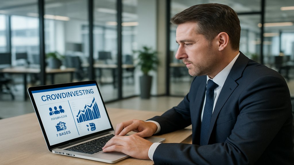 Ein Geschäftsmann analysiert eine Crowdinvesting Plattform auf einem Laptop.