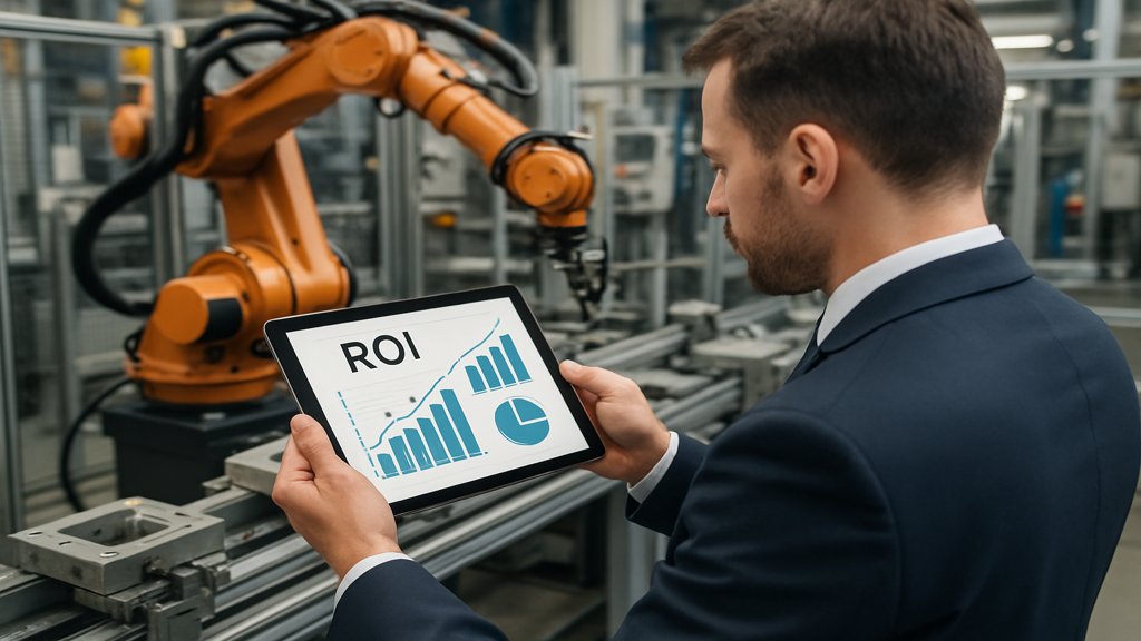 Ein Geschäftsmann analysiert ROI-Daten auf einem Tablet vor automatisierten Produktionsanlagen.