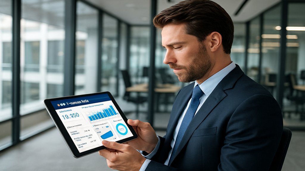 Ein Geschäftsmann überprüft ein CRM-Dashboard auf einem Tablet.