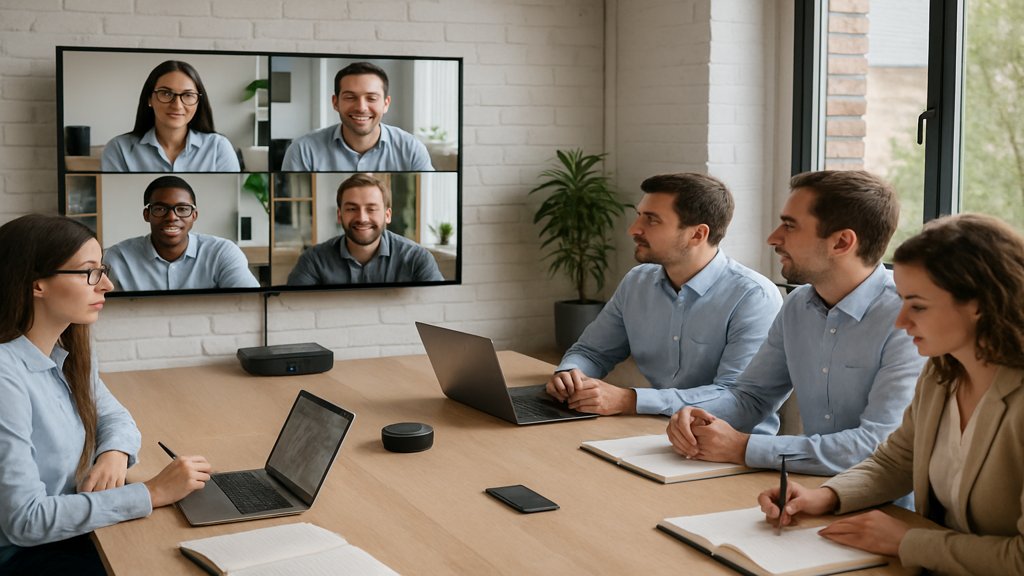 Ein hybrides Meeting mit einem Team, das Vertriebsstrategien diskutiert.
