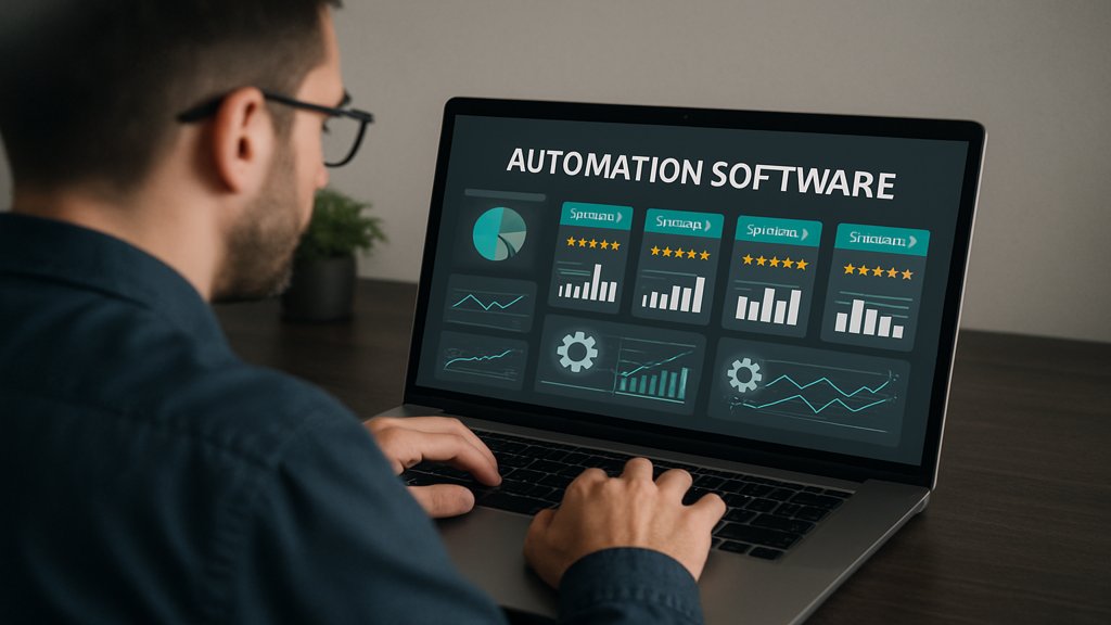 Ein IT-Spezialist vergleicht verschiedene Automatisierungssoftware-Optionen auf einem Laptop.