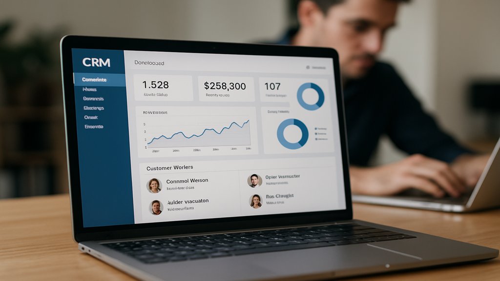 Ein Laptop mit einem geöffneten CRM-Dashboard und einer Person im Hintergrund.