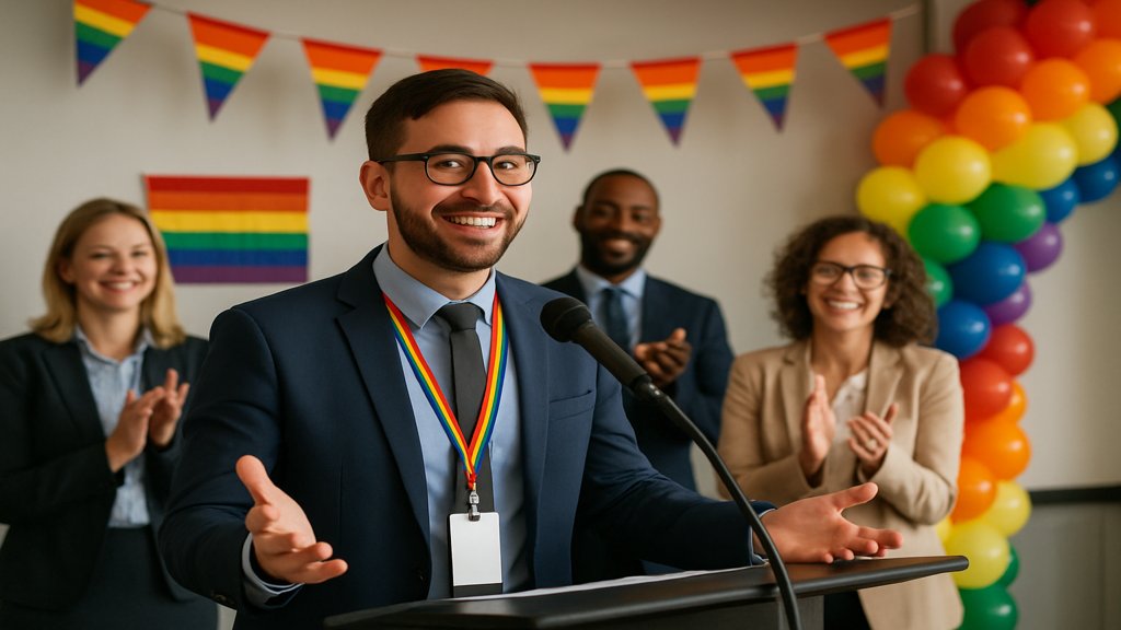 Ein LGBTQ+ Mitarbeiter hält eine Rede bei einem Firmen-Event mit Regenbogen-Dekorationen.
