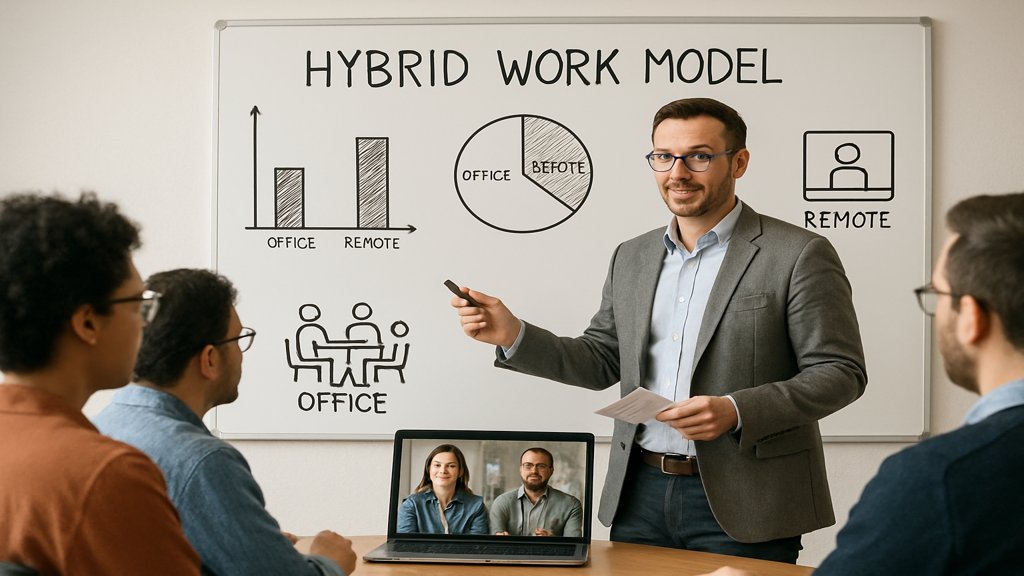 Ein Manager erklärt ein hybrides Arbeitsmodell vor einem gemischten Team.