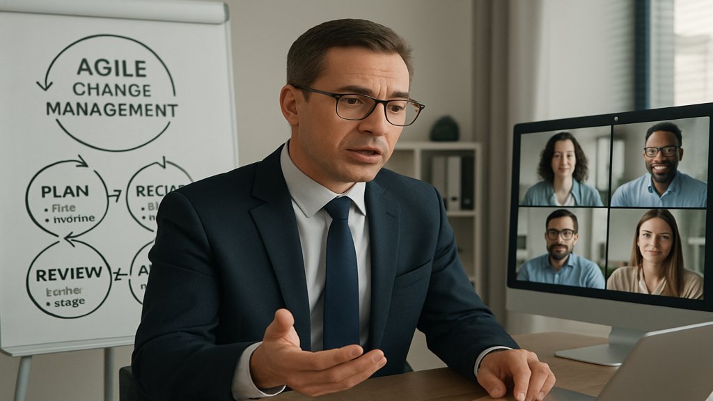 Ein Manager im Videocall mit einem Remote-Team.