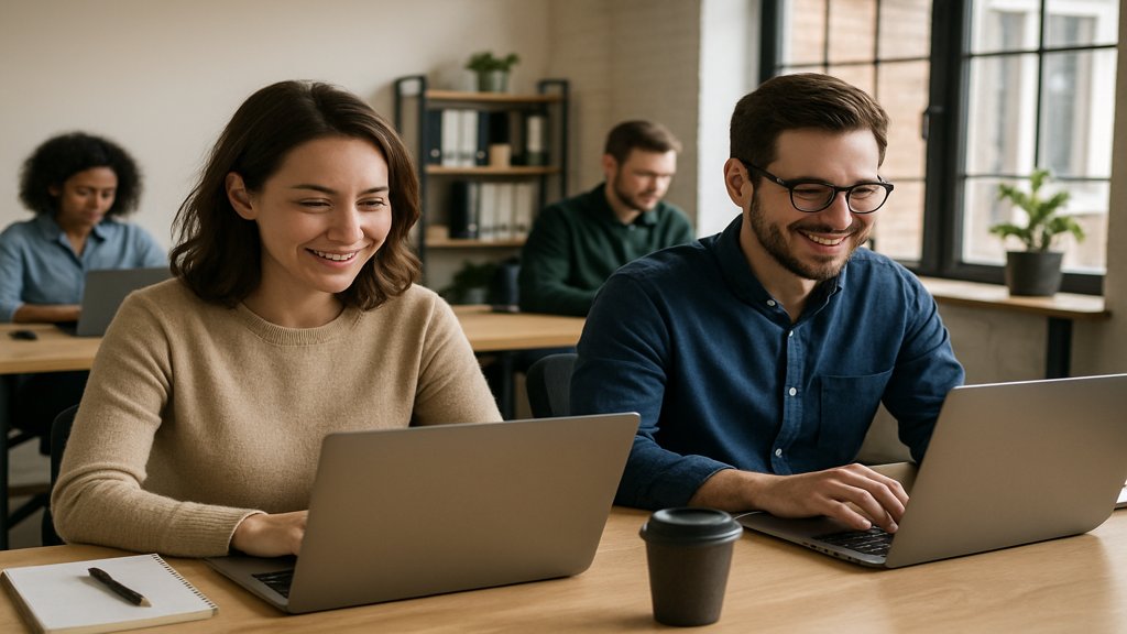 Ein Mann und eine Frau arbeiten nebeneinander an Laptops in einem modernen Büro.