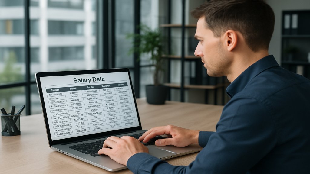 Ein Mitarbeiter analysiert Gehaltsdaten auf einem Laptop.