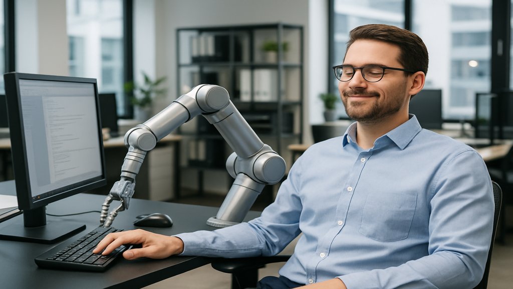 Ein Mitarbeiter, der von einem Roboterarm bei der Arbeit unterstützt wird.