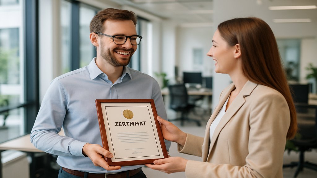 Ein Mitarbeiter erhält eine Auszeichnung in einem modernen Büro als Zeichen der Wertschätzung.