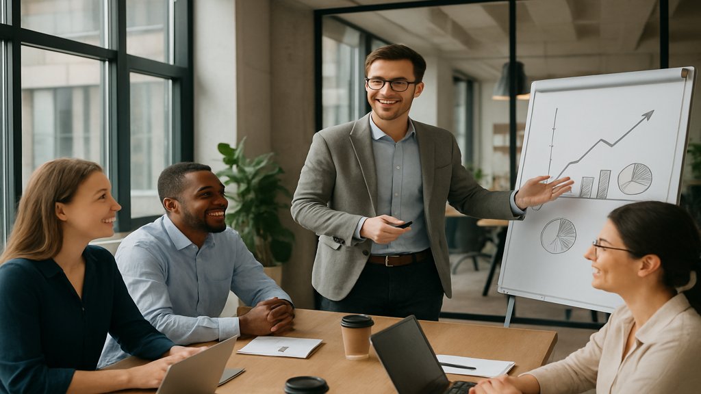 Ein Mitarbeiter hält eine Präsentation, während das Team aufmerksam zuhört.