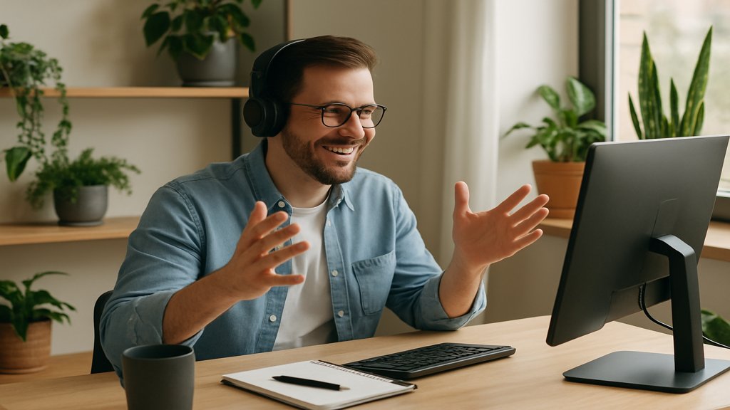 Ein Mitarbeiter im Homeoffice, der an einem hybriden Arbeitsmodell teilnimmt.