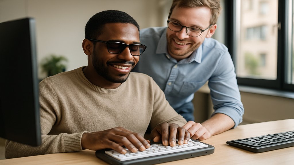 Ein Mitarbeiter mit Sehbehinderung, der eine Braille-Tastatur verwendet.