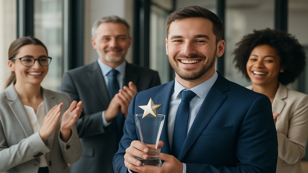 Ein Mitarbeiter wird ausgezeichnet und von seinen Kollegen gefeiert.