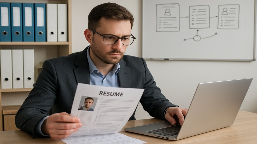 Ein Recruiter, der Bewerbungen prüft, in einem modernen Büro.