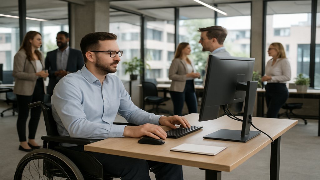 Ein Rollstuhlfahrer an einem höhenverstellbaren Schreibtisch in einem modernen Büro.