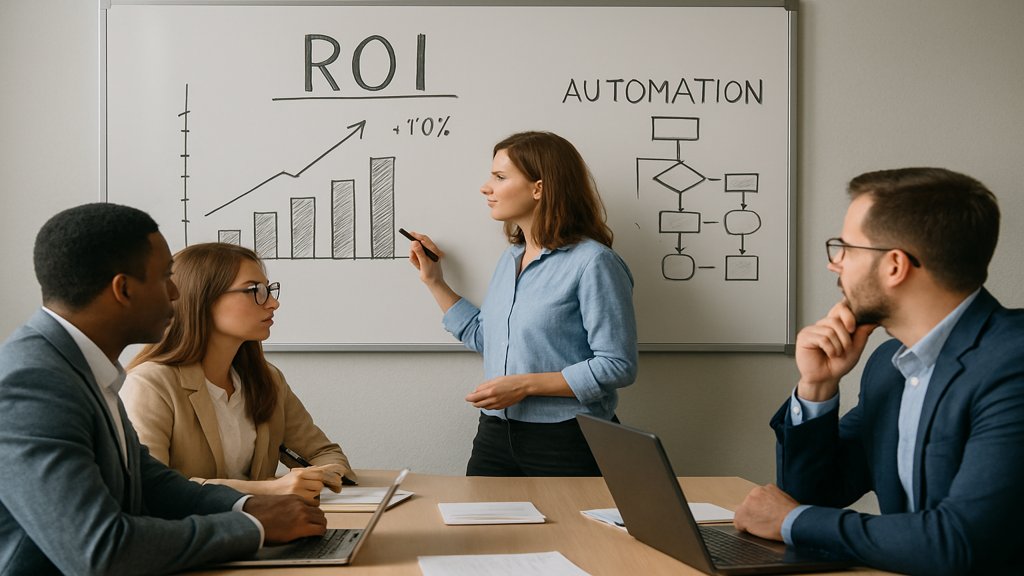 Ein Team arbeitet an einer ROI-Strategie für Automatisierungsprojekte, mit Diagrammen auf einem Whiteboard.