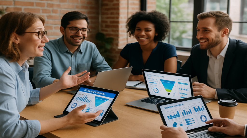 Ein Team bei der strategischen Planung mit Hilfe eines CRM-Systems.