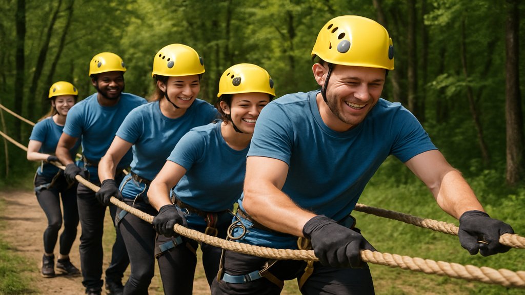 Ein Team bei einem Teambuilding-Event im Freien.