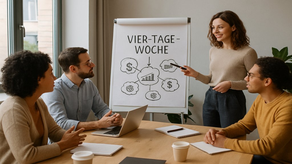 Ein Team brainstormt in einem Konferenzraum über die Einführung der Vier-Tage-Woche.