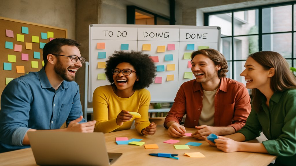 Ein Team, das an einem Kanban-Board arbeitet.