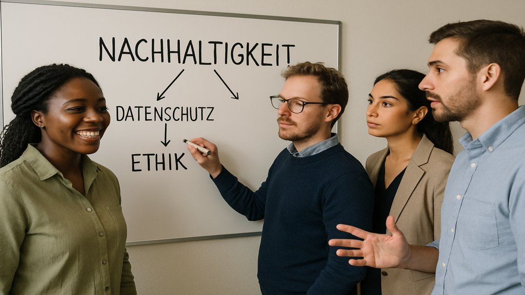 Ein Team diskutiert digitale Verantwortung an einem Whiteboard.