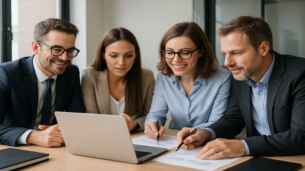 Ein Team diskutiert eine Lösung in einem modernen Meetingraum.