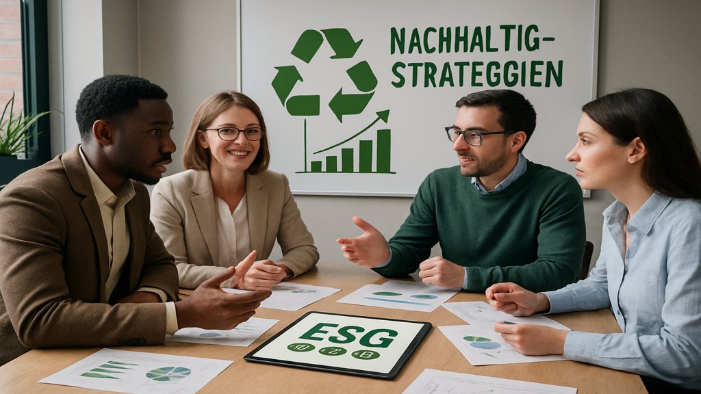 Ein Team diskutiert Nachhaltigkeitsstrategien und ESG-Berichte in einem Konferenzraum.