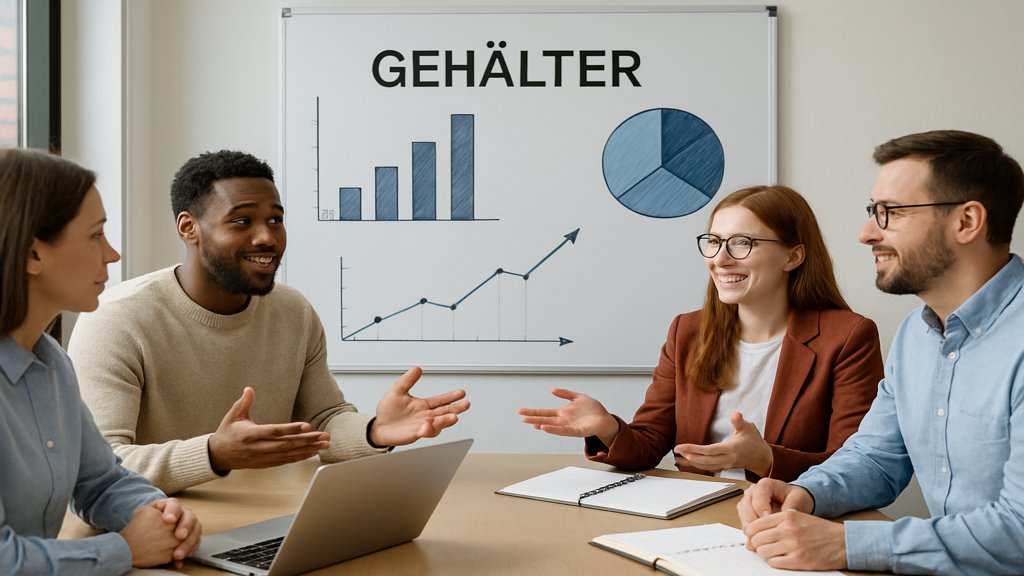 Ein Team diskutiert offen über Gehälter in einem Konferenzraum.