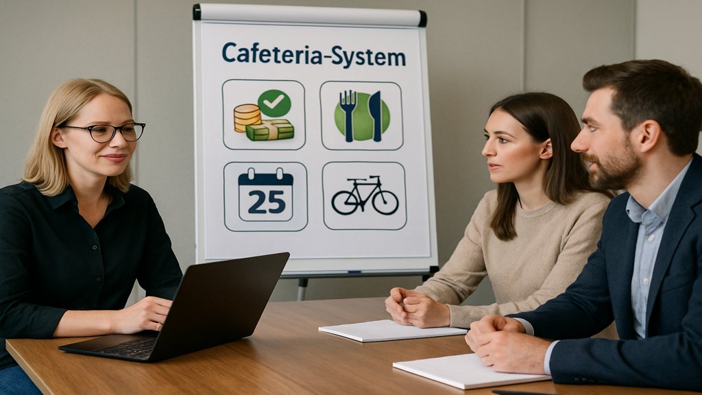 Ein Team diskutiert über die Auswahlmöglichkeiten im Cafeteria-System.