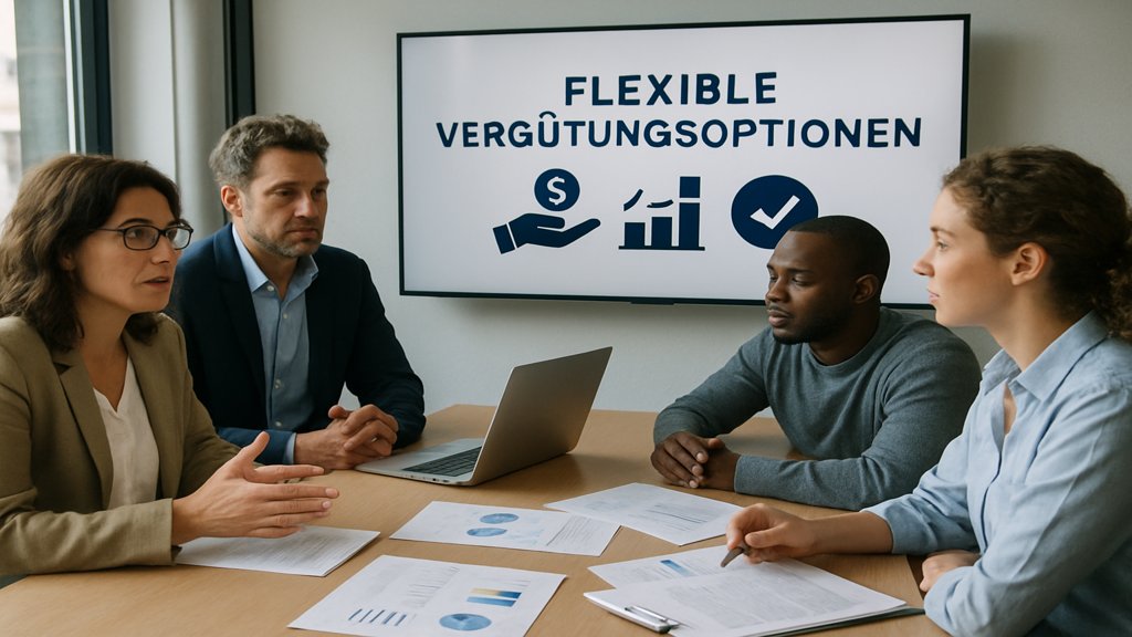 Ein Team diskutiert über flexible Vergütungsoptionen in einem Konferenzraum.