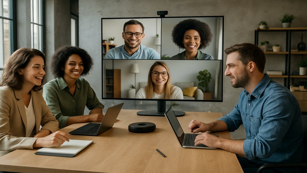 Ein Team in einem hybriden Arbeitsmodell, mit Mitarbeitern vor Ort und virtuell.