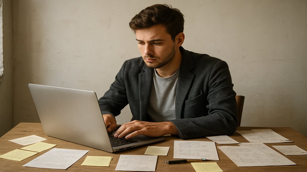 Ein Unternehmer beim Bootstrapping, arbeitet mit minimalen Ressourcen.